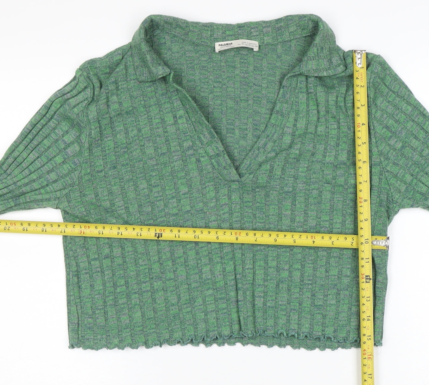 Pull&Bear Womens Green Cropped Collared Knit Long Sleeve Blouse Size M
