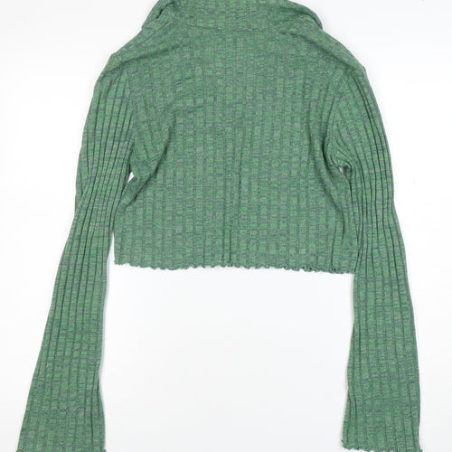Pull&Bear Womens Green Cropped Collared Knit Long Sleeve Blouse Size M