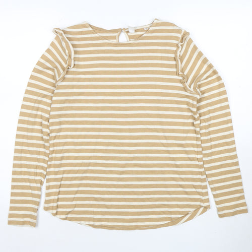 AND/OR Women’s Beige Striped Long Sleeve Cotton T-Shirt Size 12