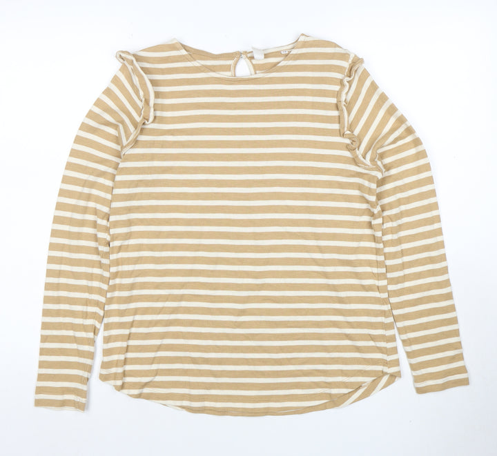AND/OR Women’s Beige Striped Long Sleeve Cotton T-Shirt Size 12