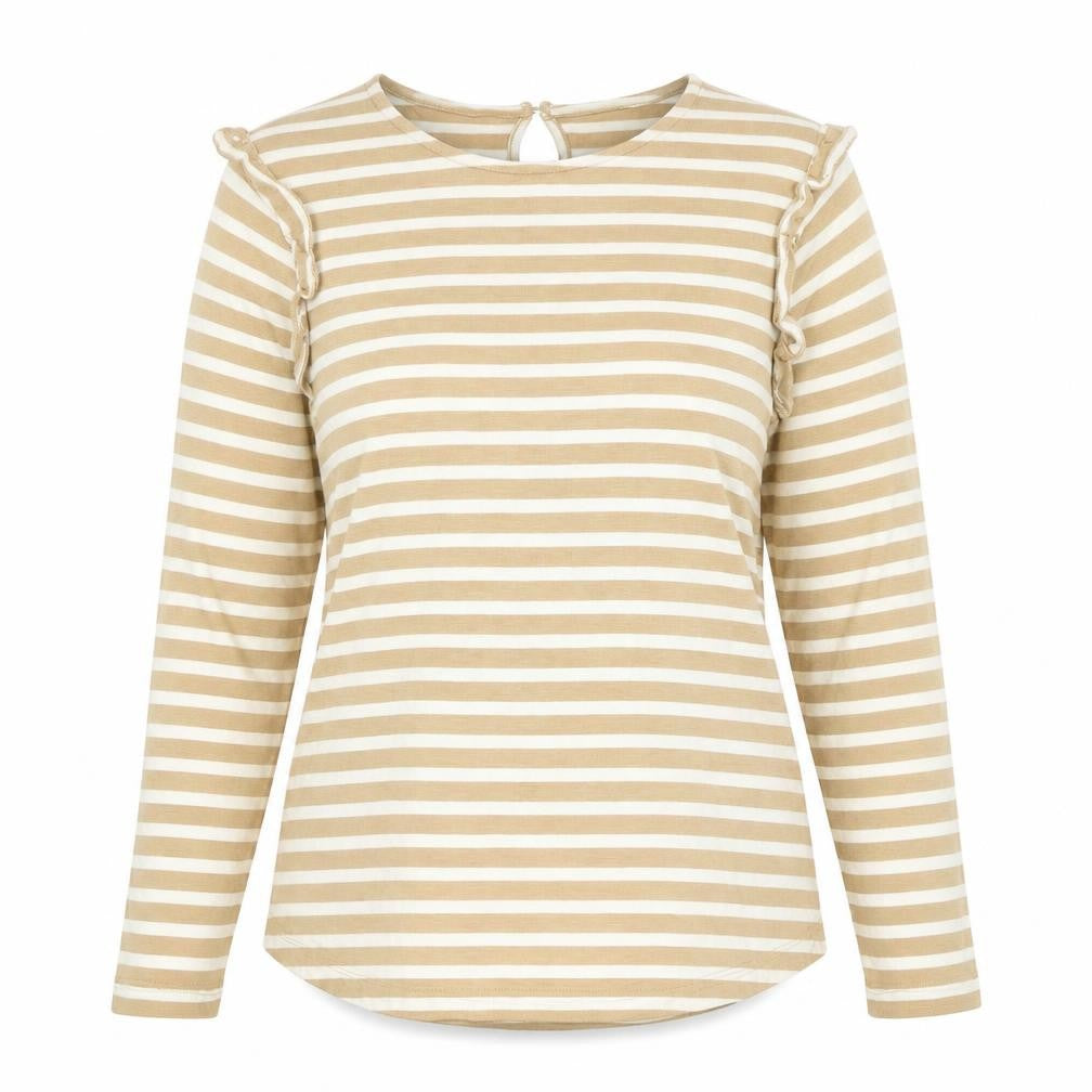 AND/OR Women’s Beige Striped Long Sleeve Cotton T-Shirt Size 12