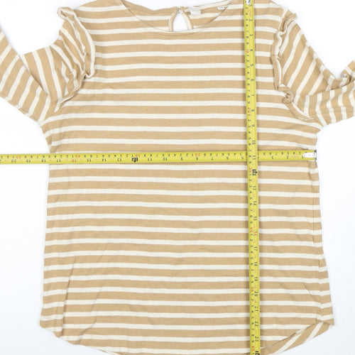 AND/OR Women’s Beige Striped Long Sleeve Cotton T-Shirt Size 12