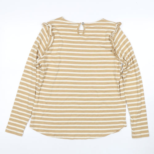 AND/OR Women’s Beige Striped Long Sleeve Cotton T-Shirt Size 12