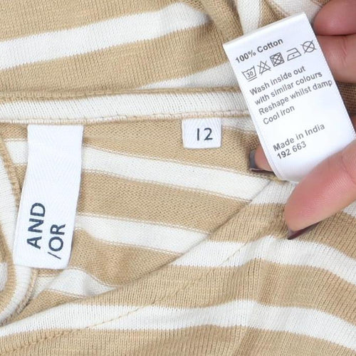 AND/OR Women’s Beige Striped Long Sleeve Cotton T-Shirt Size 12