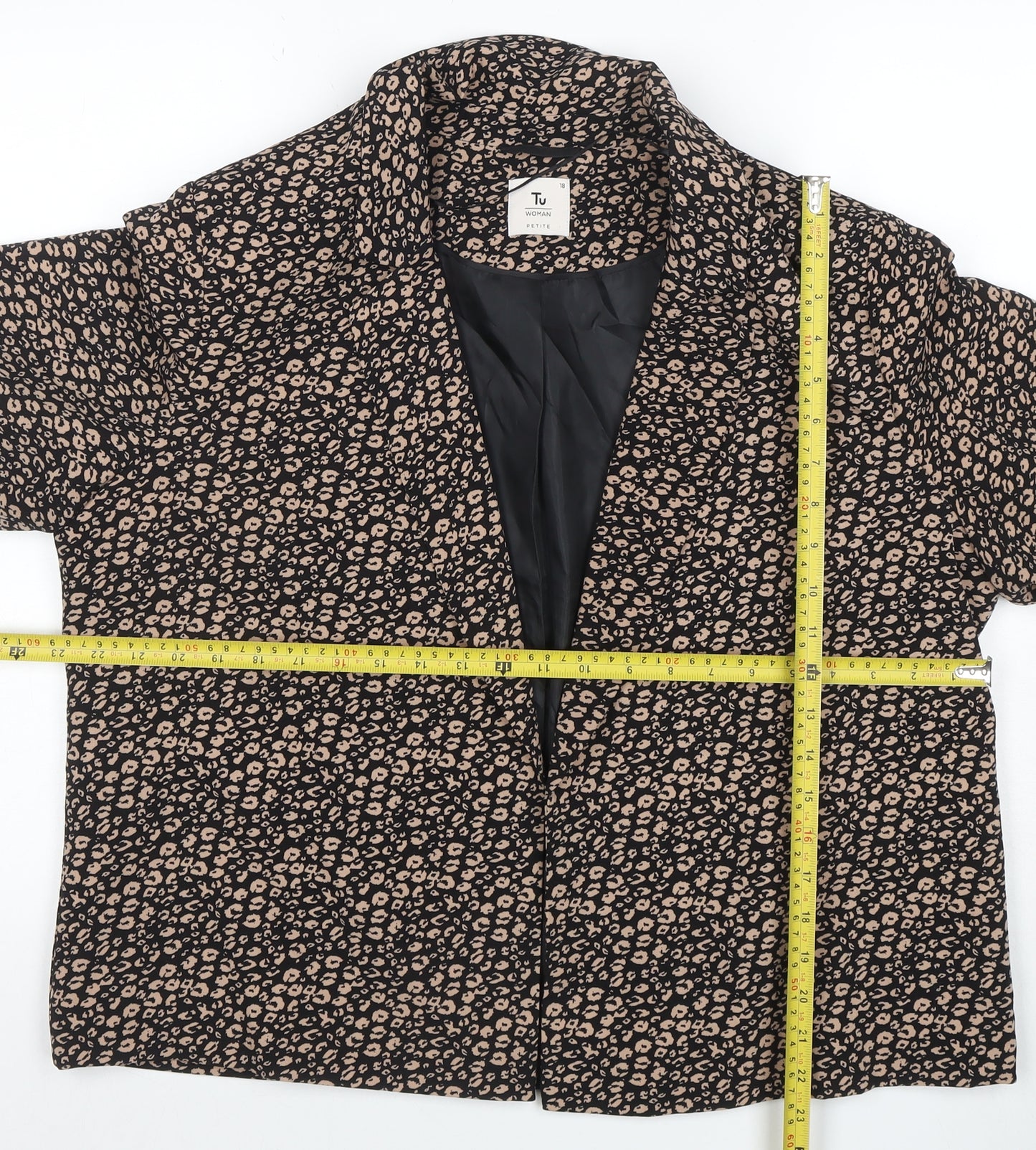 Tu Women Black Animal Print Regular Fit Lined Blazer Size 18