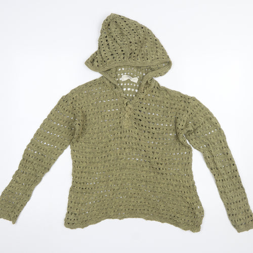Fat Face Women’s Green Linen Blend Crochet Hooded Jumper Size 6