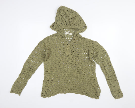 Fat Face Women’s Green Linen Blend Crochet Hooded Jumper Size 6