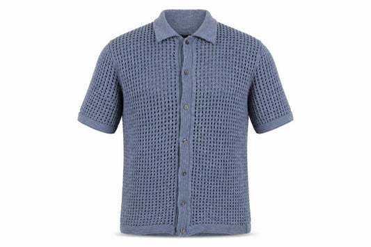 Front view of Abercrombie & Fitch Men’s Blue Open-Knit Short Sleeve Cardigan L