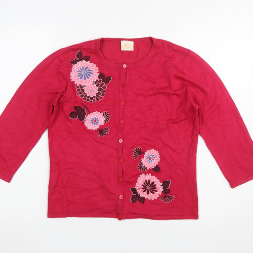 Country Casuals Womens Red Floral Embroidered Knit Cardigan S
