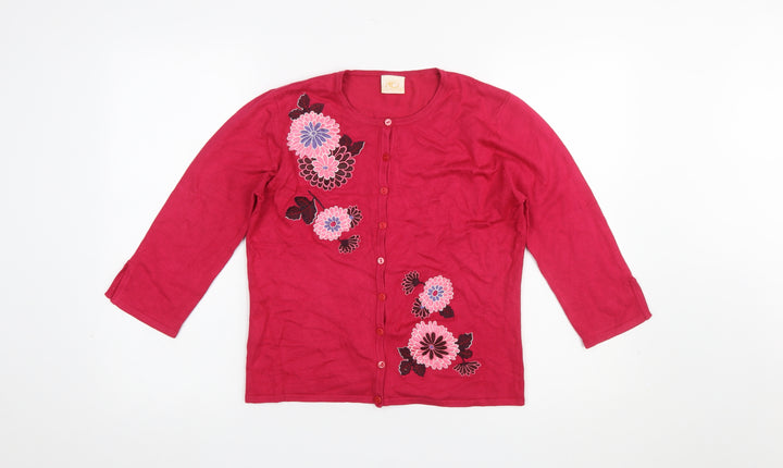 Country Casuals Womens Red Floral Embroidered Knit Cardigan S