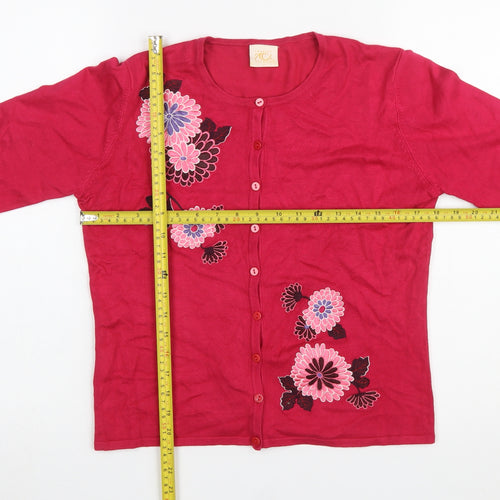 Country Casuals Womens Red Floral Embroidered Knit Cardigan S