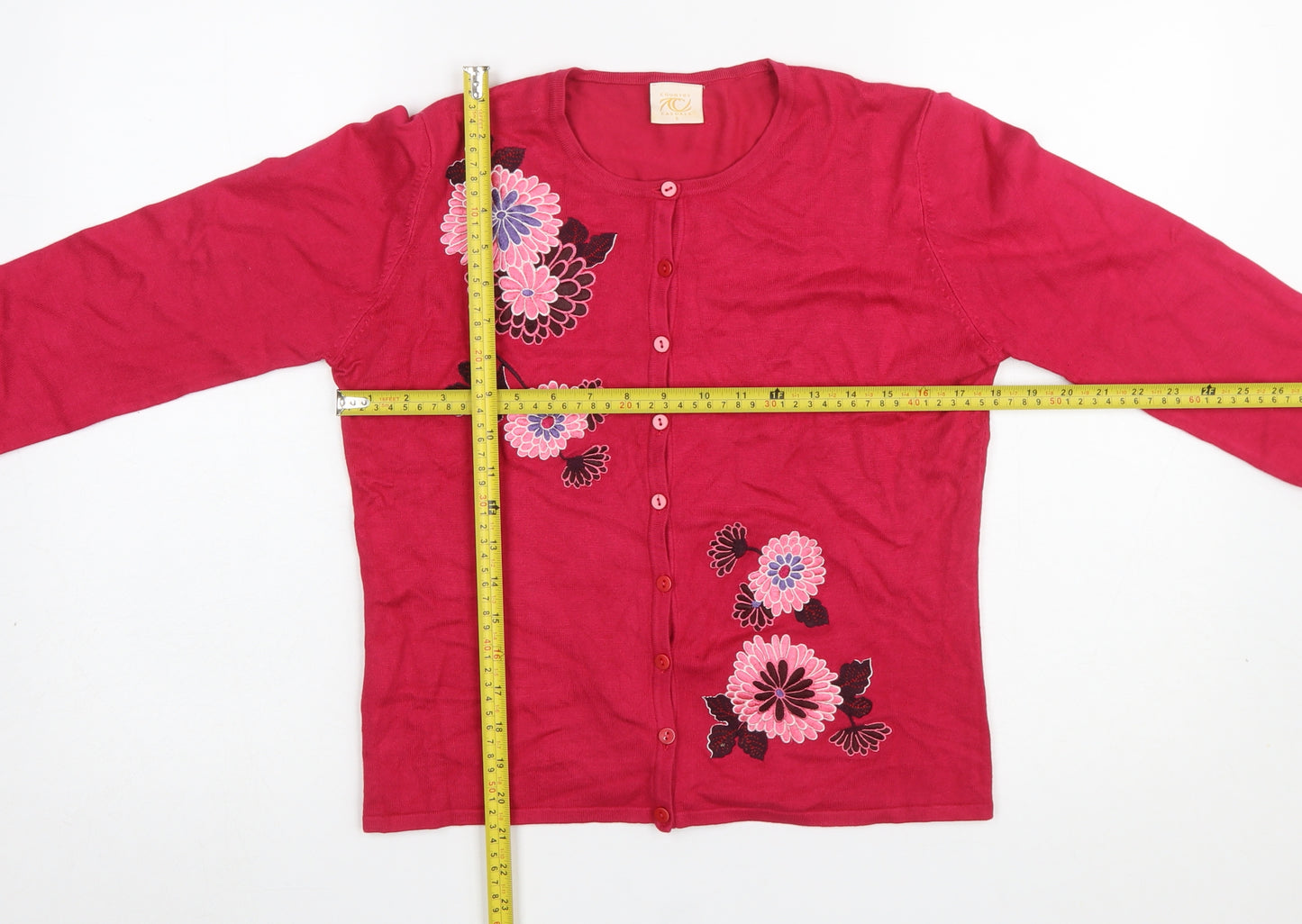 Country Casuals Womens Red Floral Embroidered Knit Cardigan S