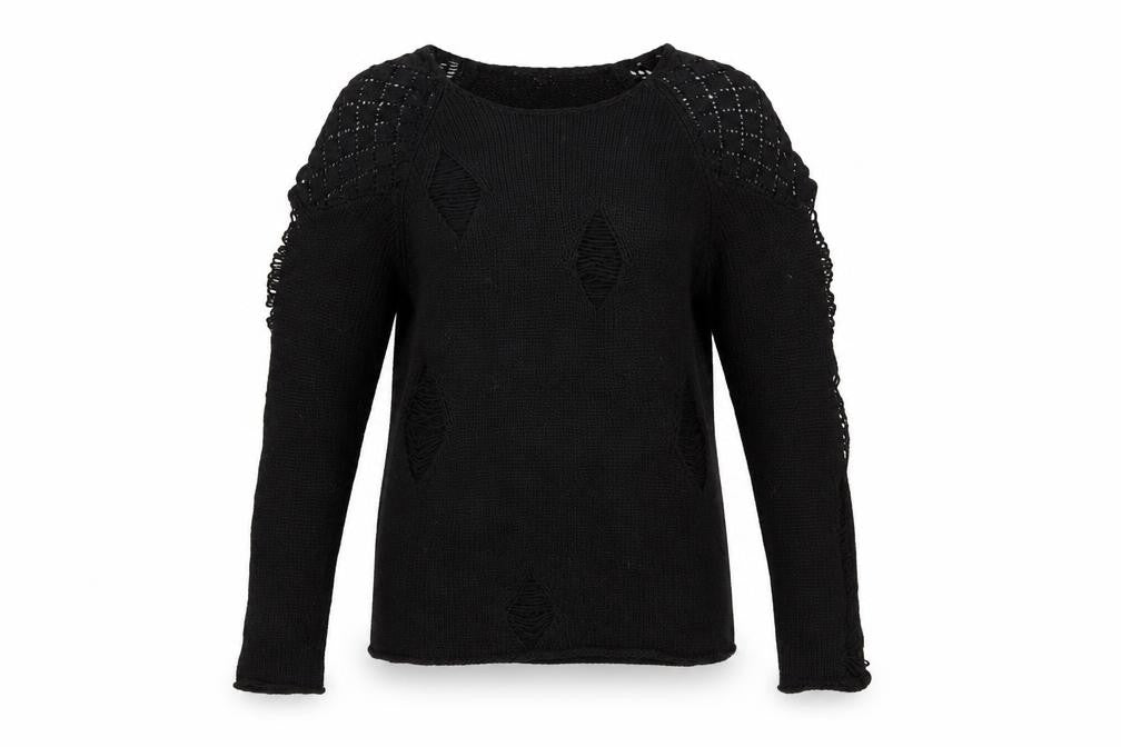 Front view of Tigerlily Women’s Black Knit Cold Shoulder Crew Neck jumper, size UK 10