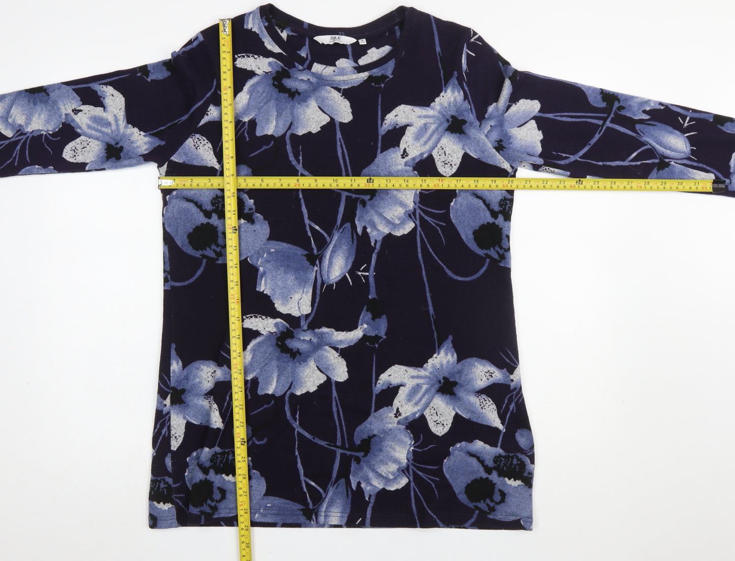 Isle Essentials Women's Blue Floral Long Sleeve Stretch Top Size 14