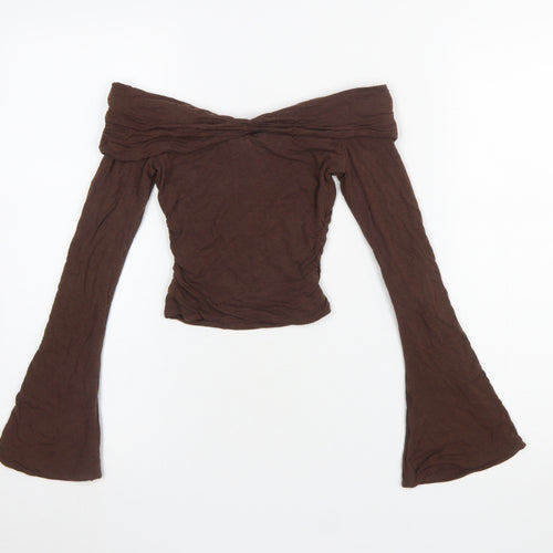 Oh Polly Women Brown Off Shoulder Cropped Long Sleeve Blouse XS
