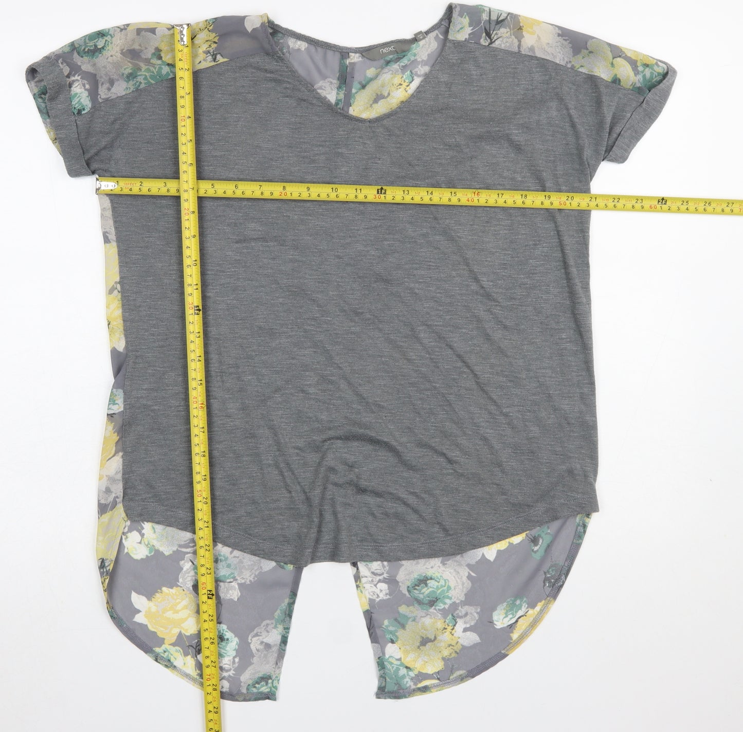 Next Women Grey Floral Back Short Sleeve Cotton T-Shirt Size 10