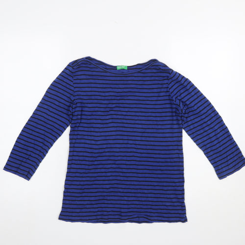 United Colors of Benetton Women Blue Striped Cotton Long Sleeve Top M