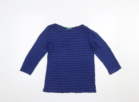 United Colors of Benetton Women Blue Striped Cotton Long Sleeve Top M