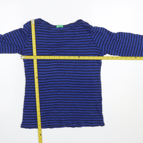 United Colors of Benetton Women Blue Striped Cotton Long Sleeve Top M