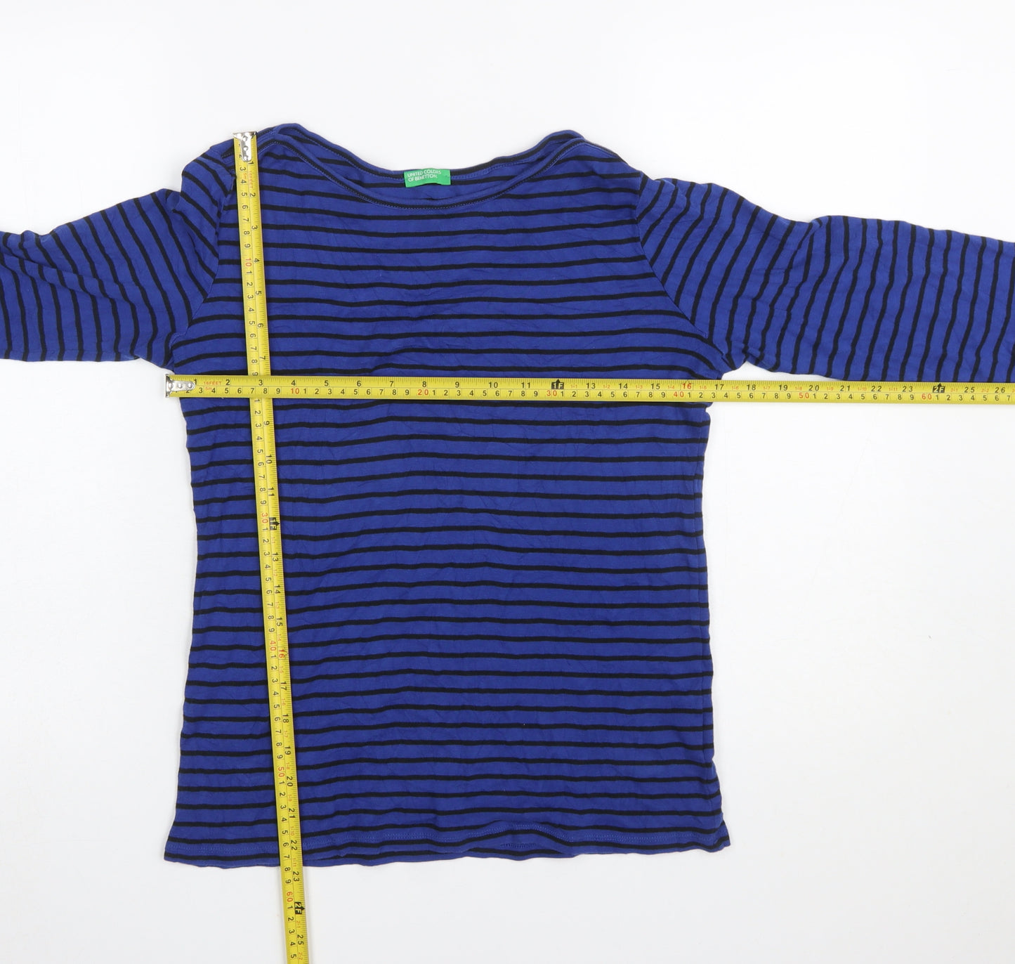 United Colors of Benetton Women Blue Striped Cotton Long Sleeve Top M