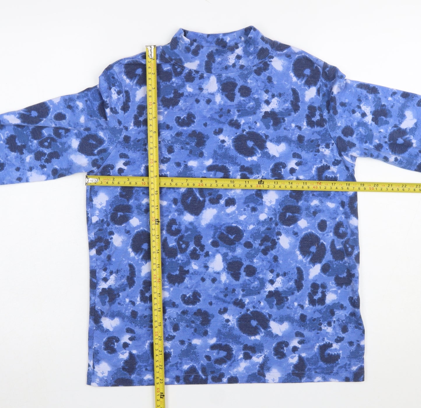 Honor Millburn Blue Animal Print Mock Neck Long Sleeve Top S 10-12 Women