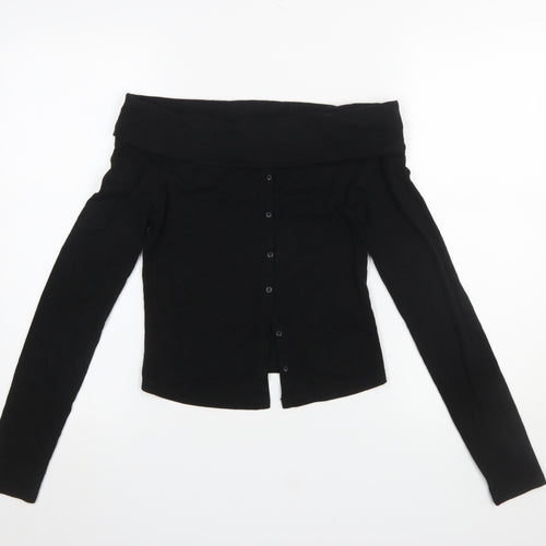 Bershka Women Black Off the Shoulder Long Sleeve Button-Up Top