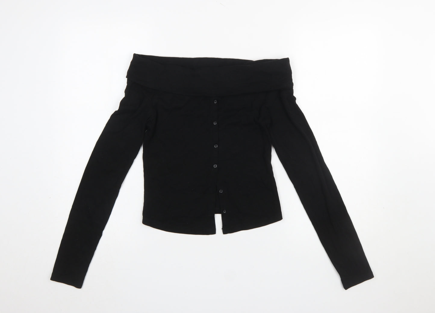 Bershka Women Black Off the Shoulder Long Sleeve Button-Up Top