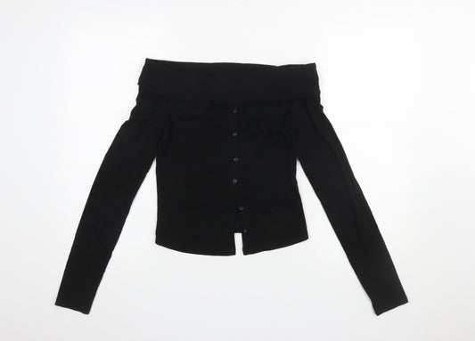 Bershka Women Black Off the Shoulder Long Sleeve Button-Up Top