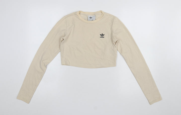 Adidas Women's Beige Cropped Long Sleeve Slim Fit T-Shirt Size 8