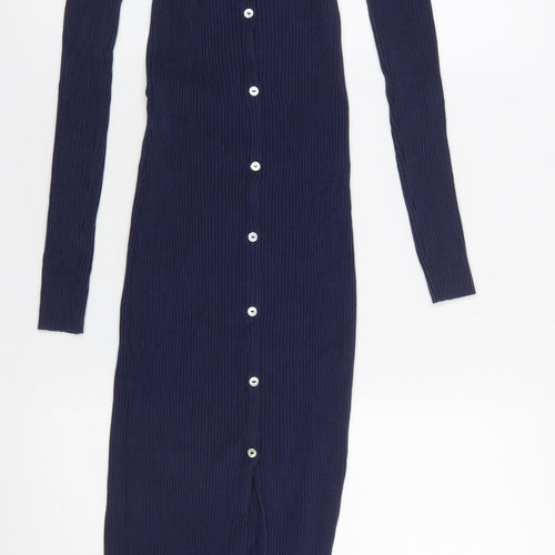 Zara Women Blue Midi Bodycon Button Front Long Sleeve Dress M