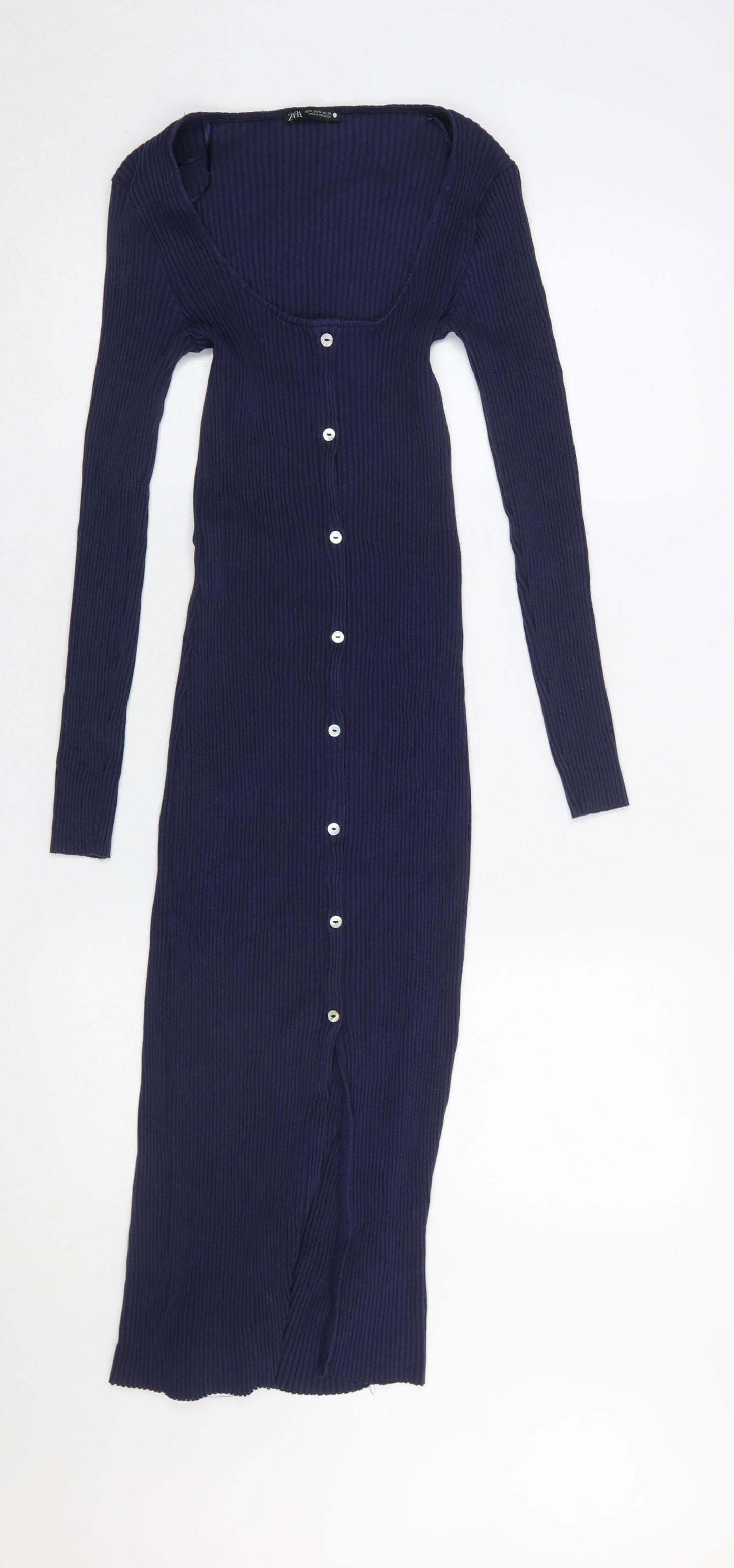 Zara Women Blue Midi Bodycon Button Front Long Sleeve Dress M