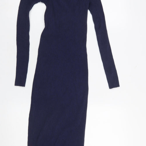 Zara Women Blue Midi Bodycon Button Front Long Sleeve Dress M