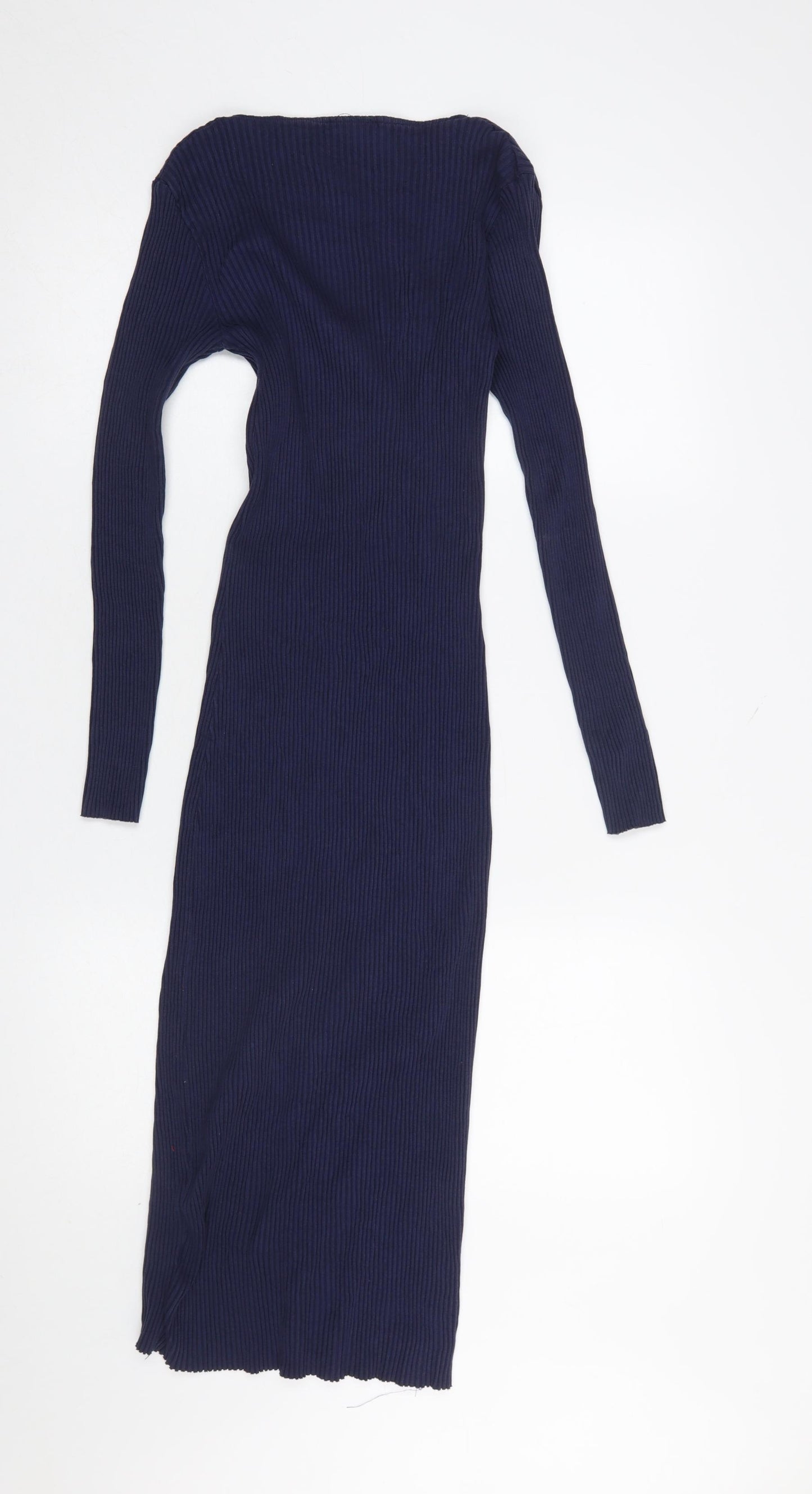 Zara Women Blue Midi Bodycon Button Front Long Sleeve Dress M