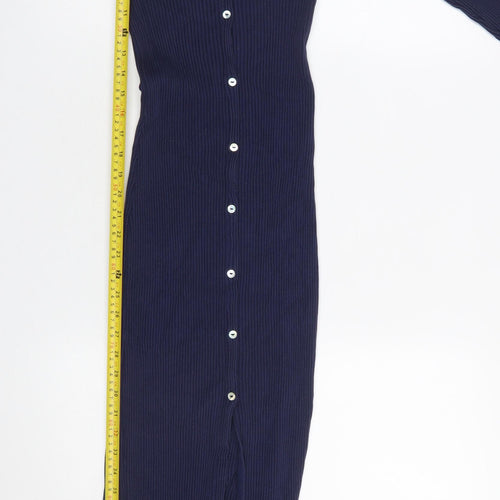 Zara Women Blue Midi Bodycon Button Front Long Sleeve Dress M