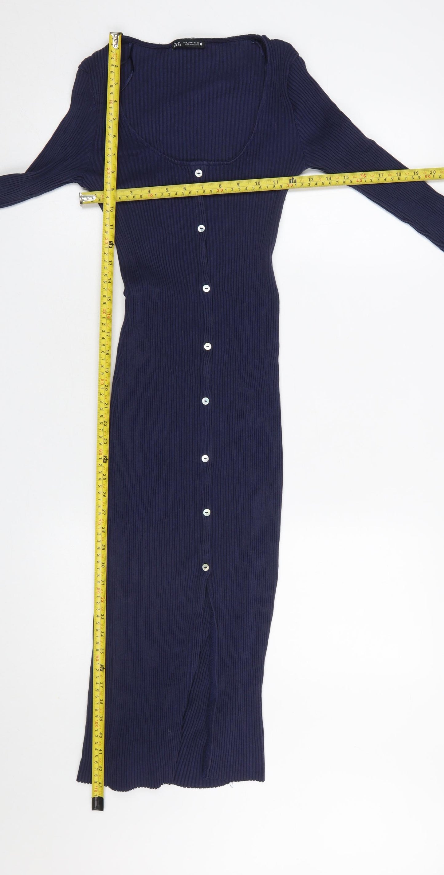 Zara Women Blue Midi Bodycon Button Front Long Sleeve Dress M