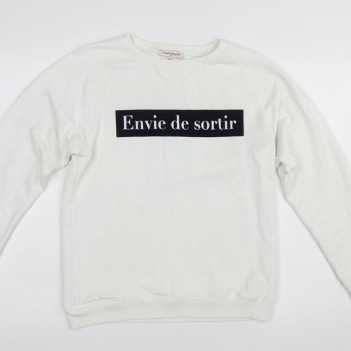 La Petite Française Women White Pullover Sweatshirt M/L Graphic Print