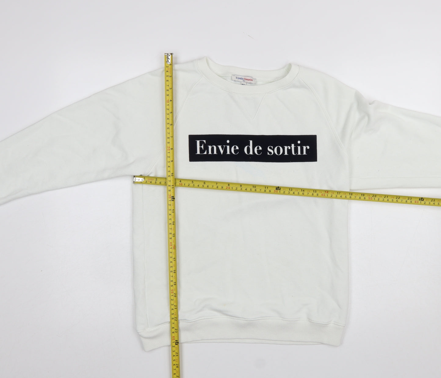La Petite Française Women White Pullover Sweatshirt M/L Graphic Print