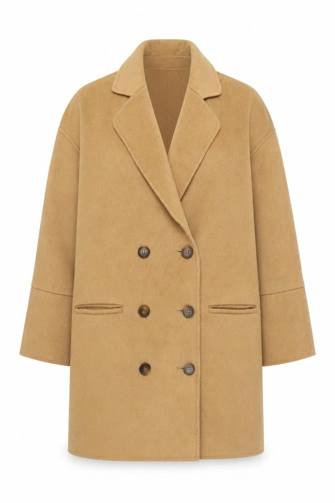 Front view of John Lewis Women Beige Wool Blend Double Breasted Coat, size 12