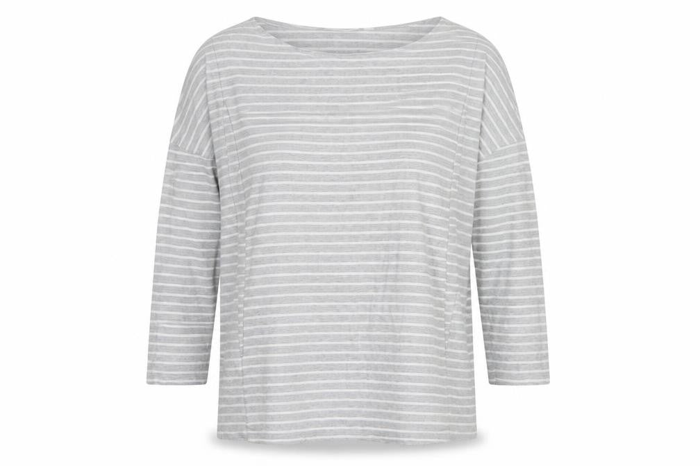 Front view of JoJo Maman Bébé Women's Grey Striped 3/4 Sleeve Jersey Top M