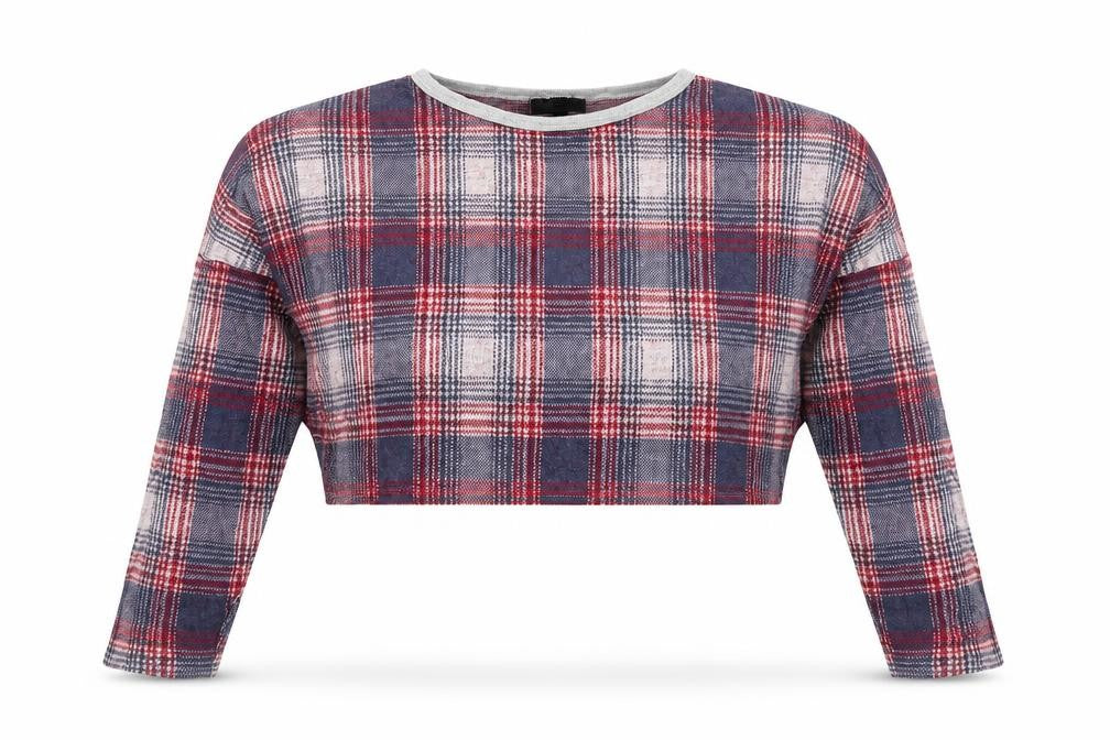 Front view of Topshop women’s multicoloured plaid cropped flannel top uk 10