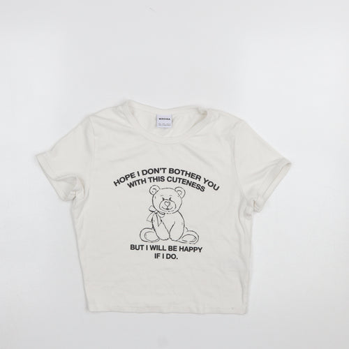 Bershka Girls Ivory Cropped Bear Graphic Modal Cotton T-Shirt L