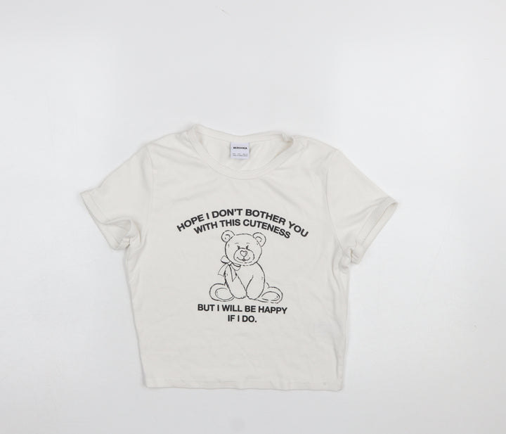 Bershka Girls Ivory Cropped Bear Graphic Modal Cotton T-Shirt L