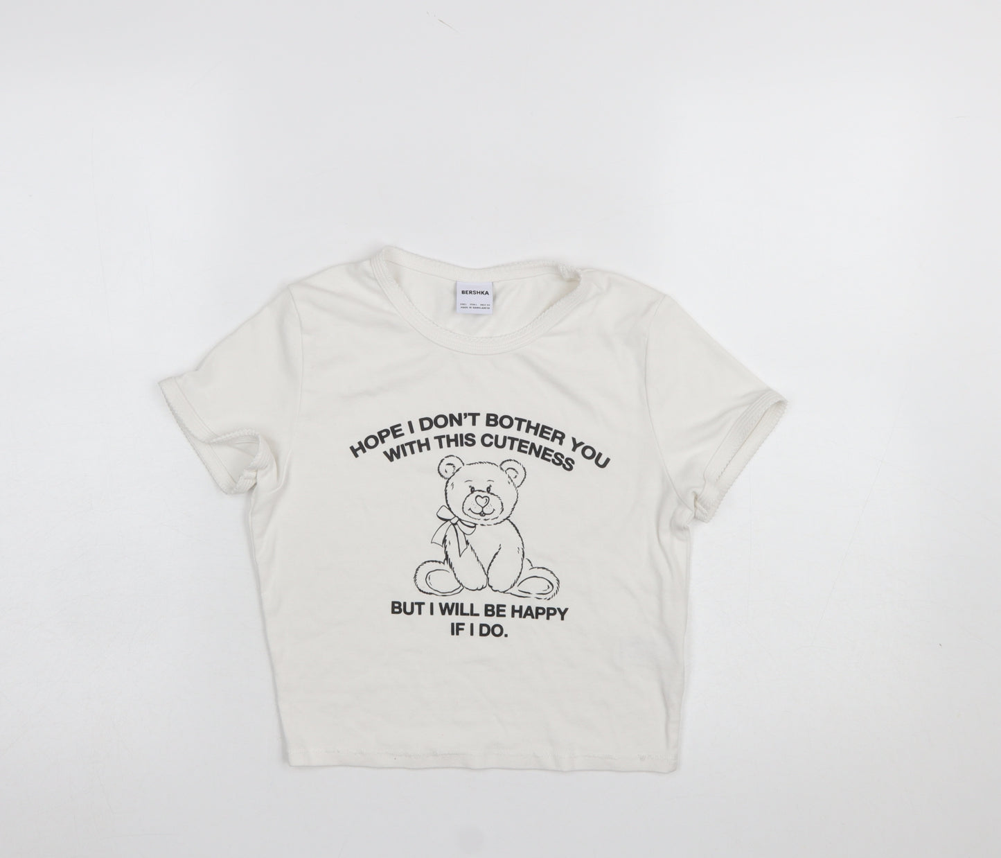 Bershka Girls Ivory Cropped Bear Graphic Modal Cotton T-Shirt L