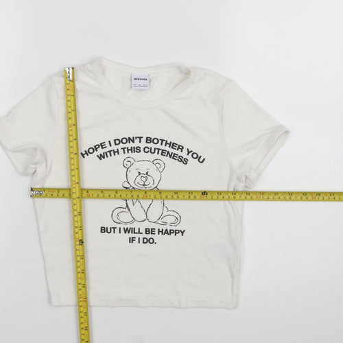 Bershka Girls Ivory Cropped Bear Graphic Modal Cotton T-Shirt L
