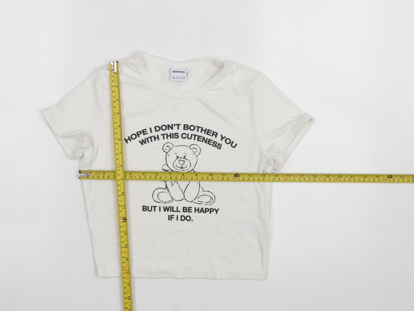 Bershka Girls Ivory Cropped Bear Graphic Modal Cotton T-Shirt L