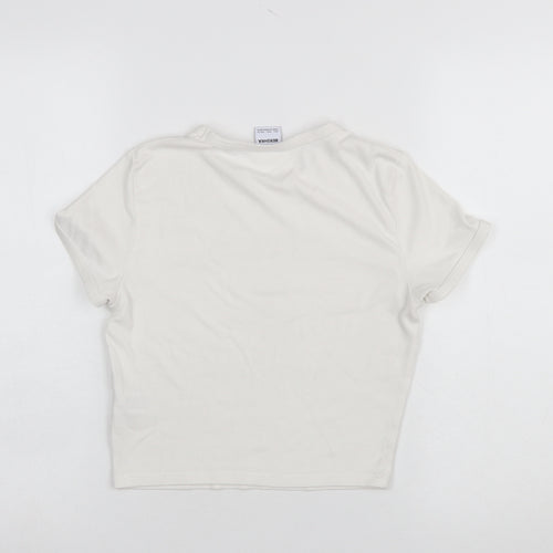 Bershka Girls Ivory Cropped Bear Graphic Modal Cotton T-Shirt L