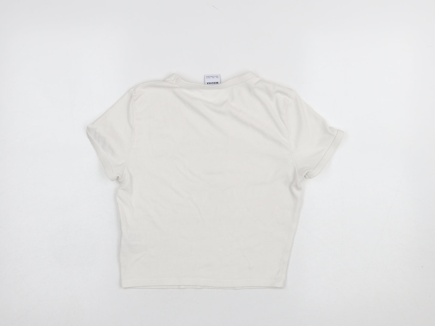 Bershka Girls Ivory Cropped Bear Graphic Modal Cotton T-Shirt L