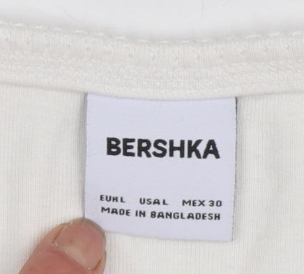 Bershka Girls Ivory Cropped Bear Graphic Modal Cotton T-Shirt L
