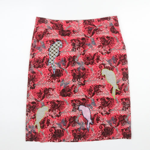 White Stuff Womens Red Cotton Embroidered Parrot Knee Length Skirt Size 10