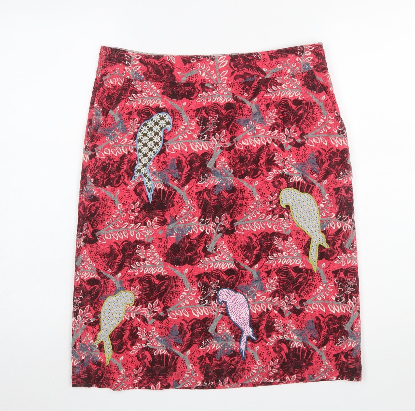 White Stuff Womens Red Cotton Embroidered Parrot Knee Length Skirt Size 10